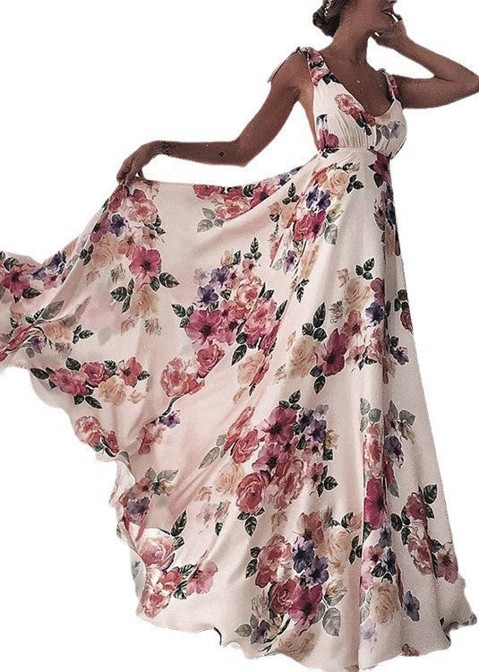 Nouvelles robes longues en coton à imprimé rouge à col en V et dos nu sans manches FF098