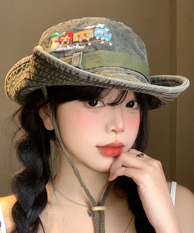 Retro Large New Army Eaves Cowboy Hat Green Embroidered