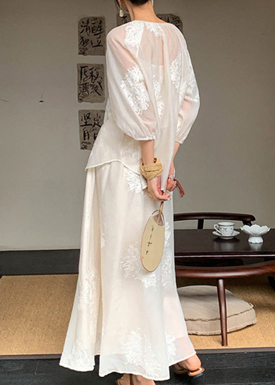 Retro Two Cotton Piece Outfits Set Beige Summer New Embroidered