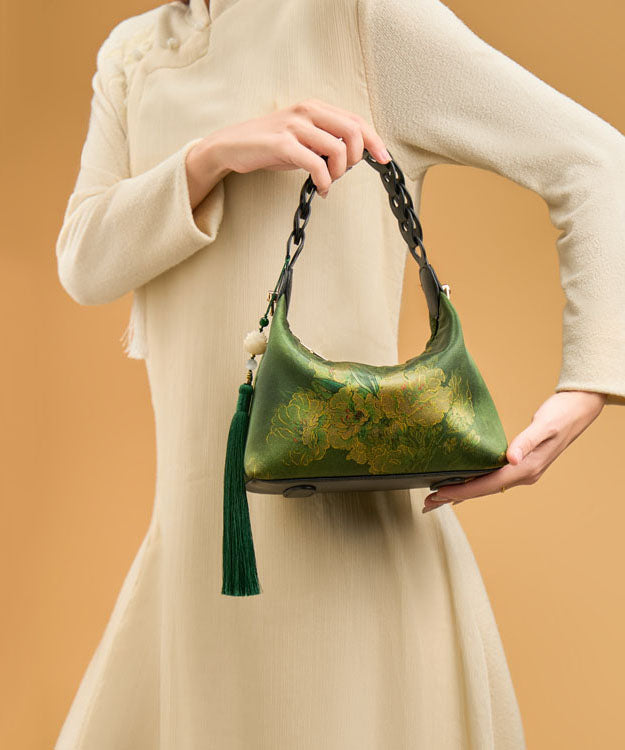 Tote Bag Blackish Green Tassel Silk Print New Retro