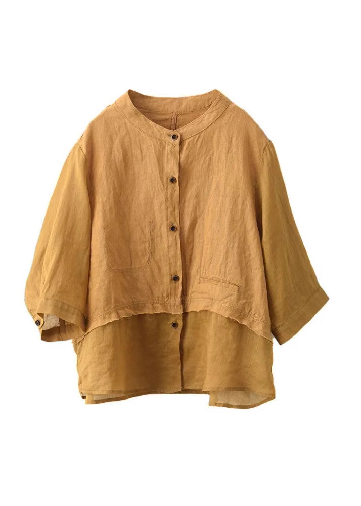 Neck Blouses Button Linen O New Rose Summer Patchwork