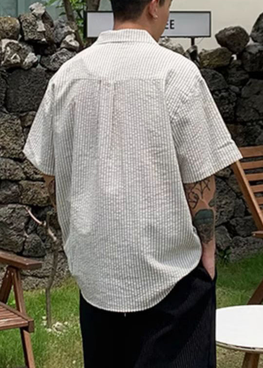 New Print Pockets Cotton Men Shirt Summer Striped