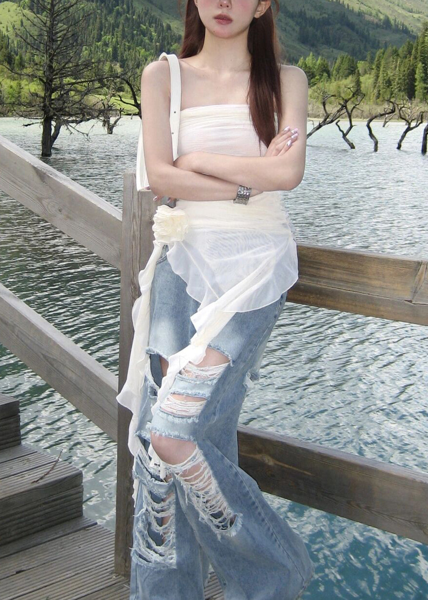 Neues asymmetrisches trägerloses mittellanges Kleid aus Tüll in Weiß KK092