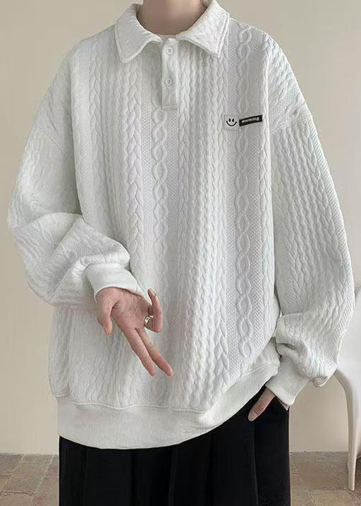 New White Peter Pan Collar Button Cotton Men Sweatshirt Spring TC028