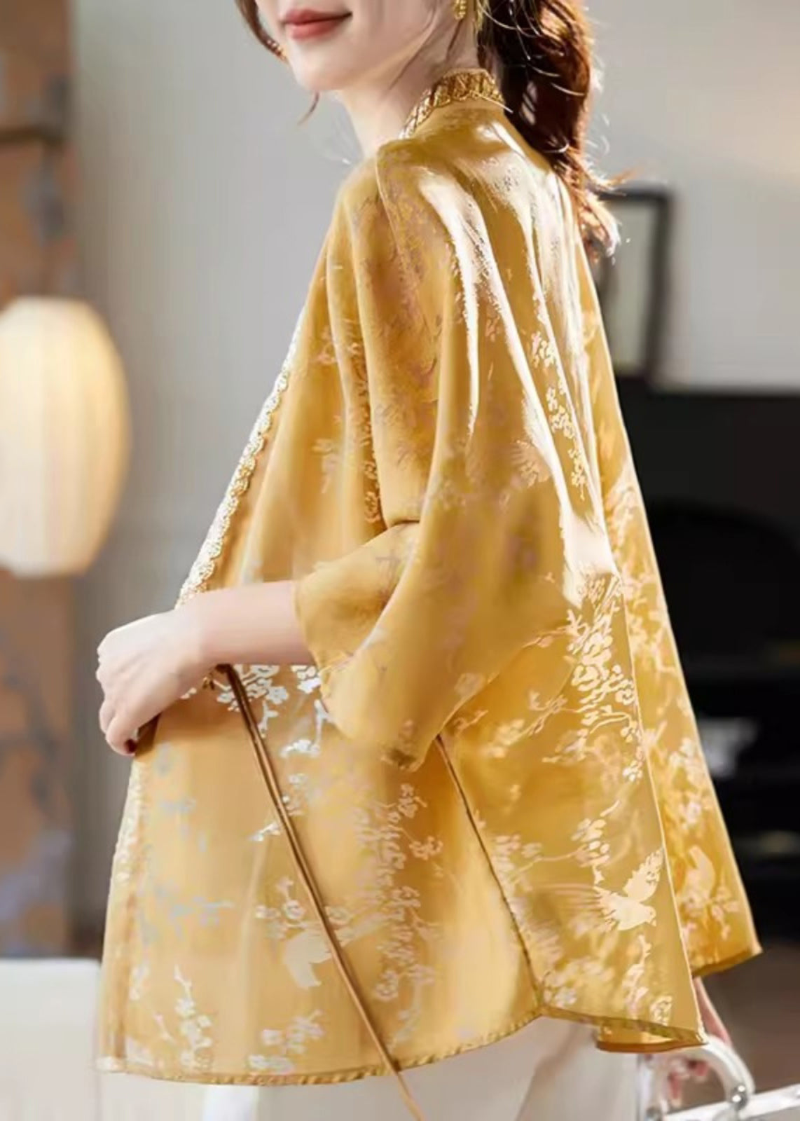 New Yellow V Neck Button Nail Bead Silk Shirt Batwing Sleeve RZ012