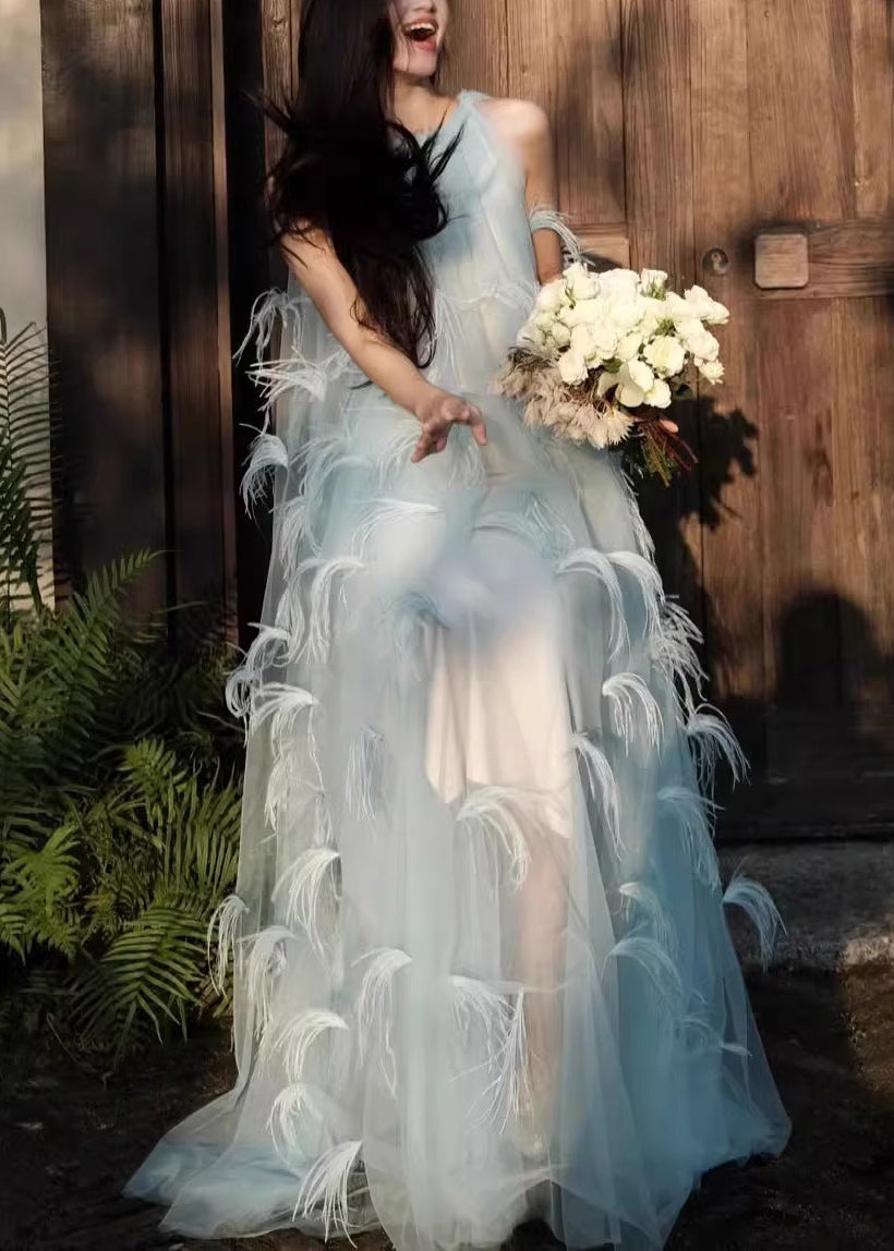 Chiffon Patchwork Novelty Dresses Robe Sleeveless Feather Blue
