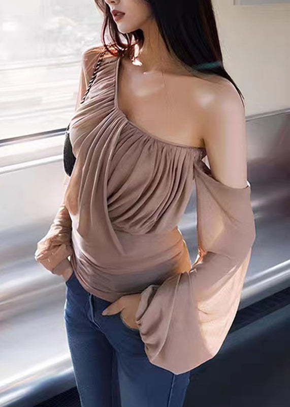 Lantern One Khaki Tulle Wrinkled Novelty Tops Shoulder Sleeve