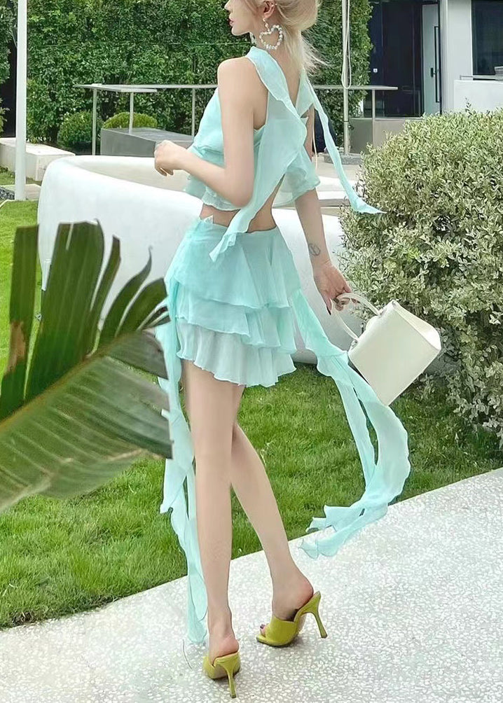 Novelty Light Blue V Neck Ruffled Chiffon Two Pieces Set Sleeveless EE1062