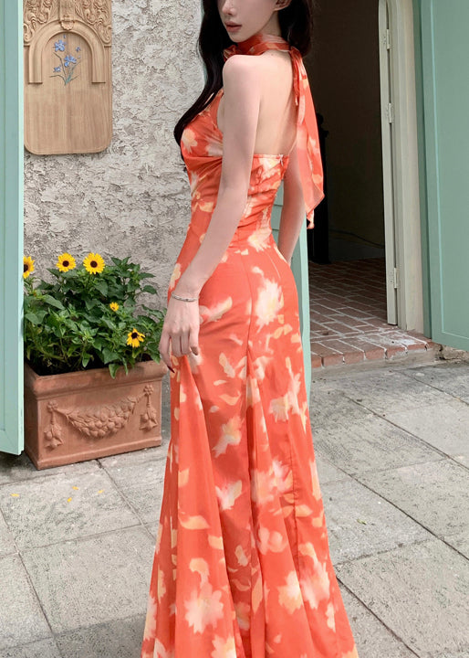 Print Orange Sleeveless Dresses Long Lace Chiffon Novelty Up