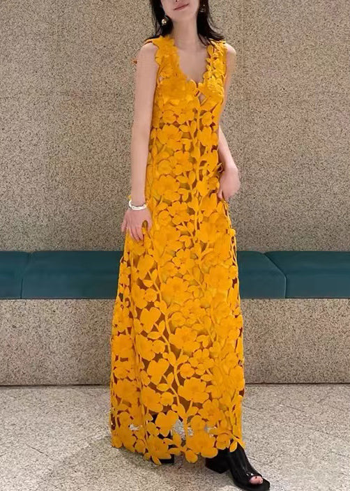 Neuartiges, orangefarbenes Maxikleid mit V-Ausschnitt und Aussparungen, ärmellos, OP1036