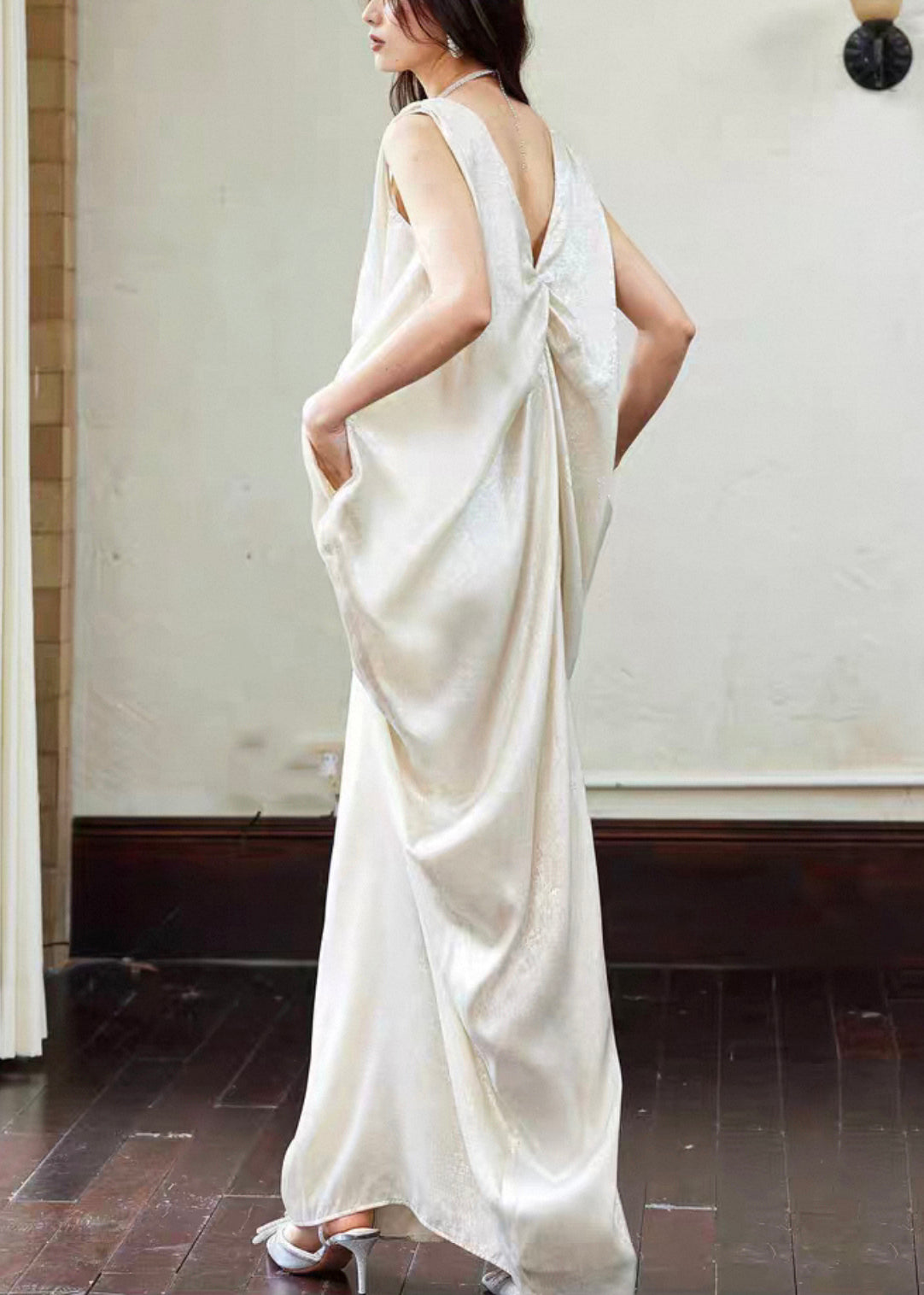 Neck Maxi Dress Pockets Wrinkled Cotton Novelty V Sleeveless