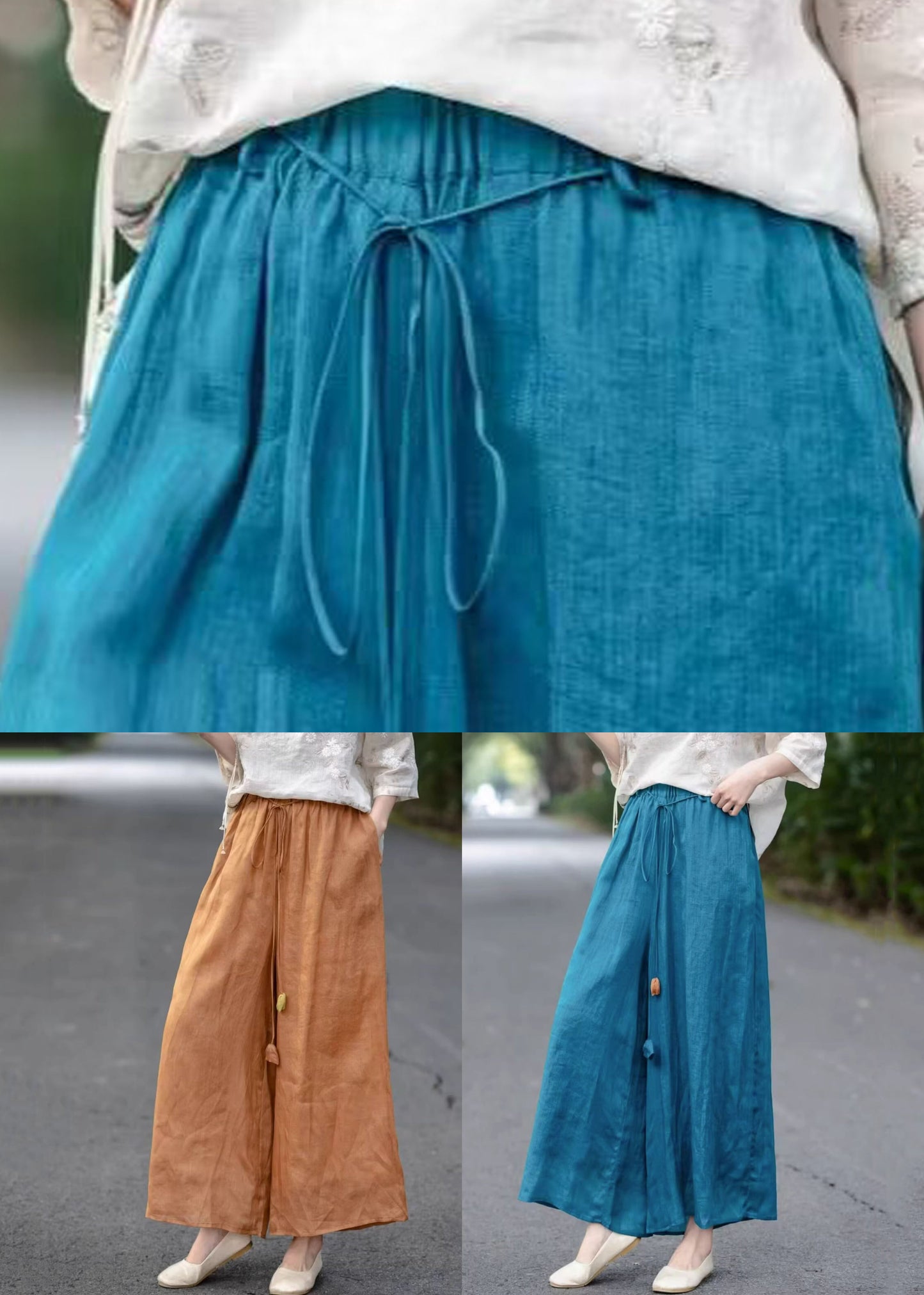 Pockets Elastic Pants Orange Cotton Crop Solid Waist Summer