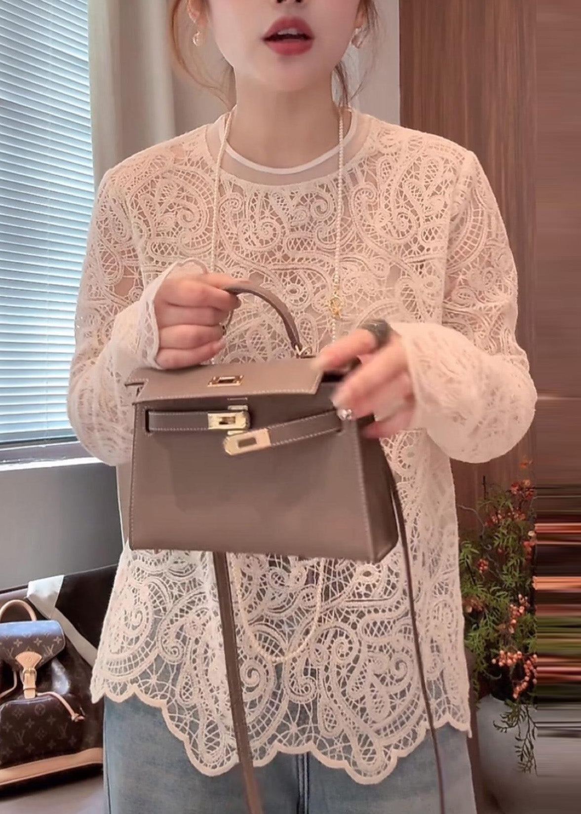 Hollow Spring Out O-Neck T Beige Shirt Organic Lace