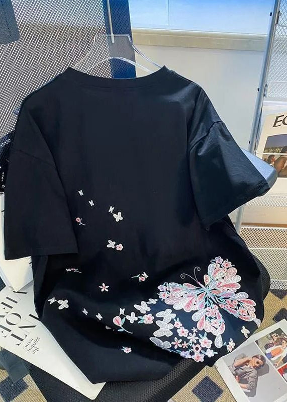 Organic Butterfly Summer Black Embroideried Cotton Men Shirts T