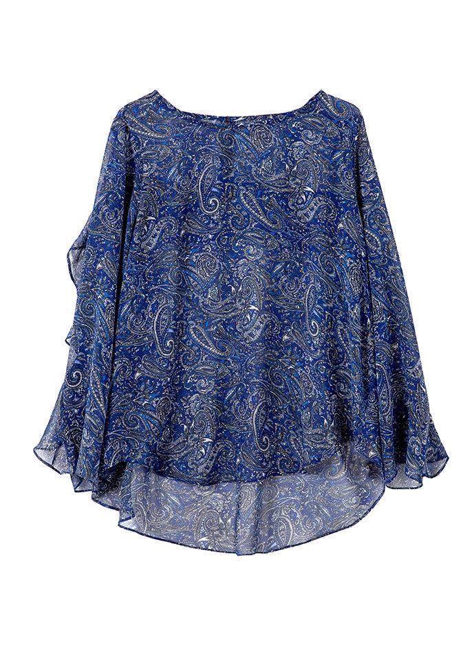 Blue Patchwork Ruffled Print Summer Organic Chiffon Blouses