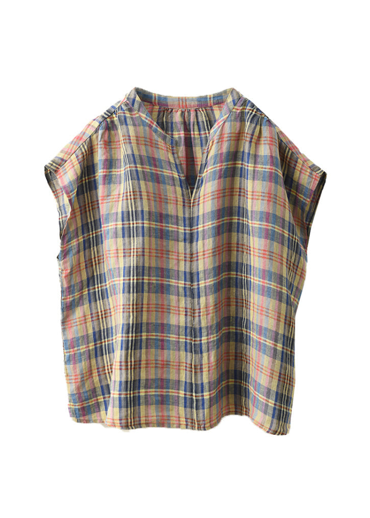 V Linen Blue Top Shirt Summer Organic Striped Neck