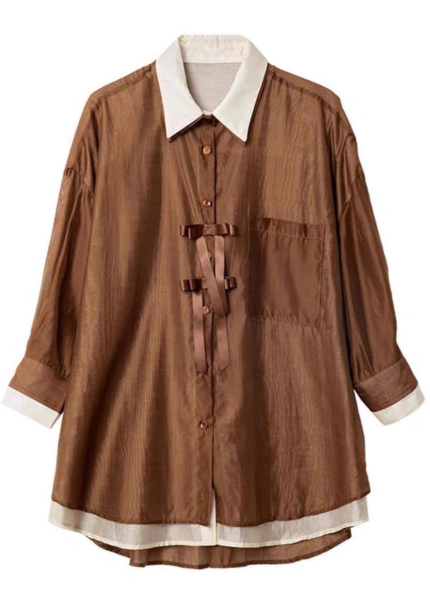 Spring Coffee Fake Pieces Chiffon Patchwork Shirt Organic Two