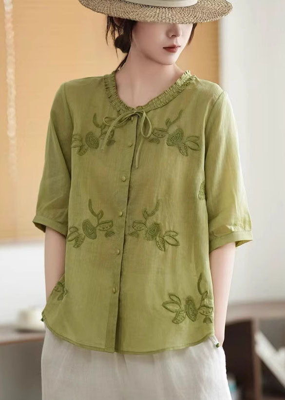 Tops Tie Organic Neck Linen Embroidered Summer Pink
