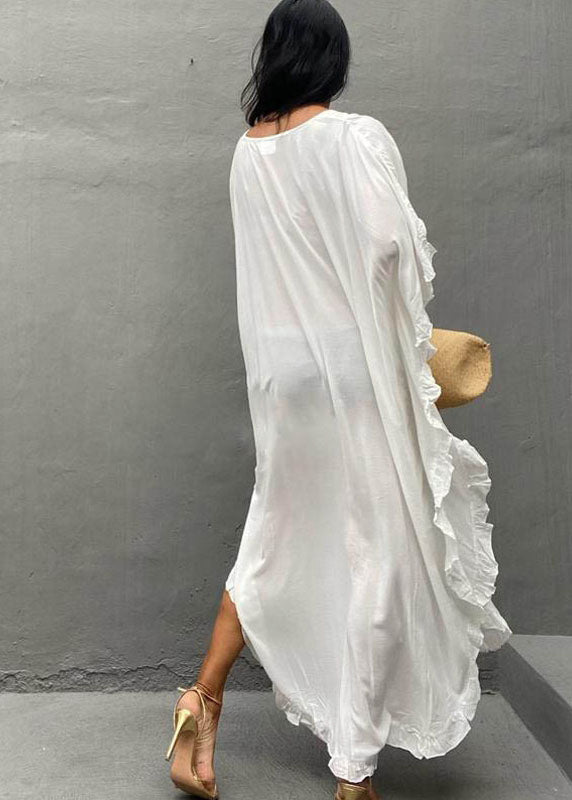 Organic Oversized Ruffles Vacation Summer White Cotton Dresses
