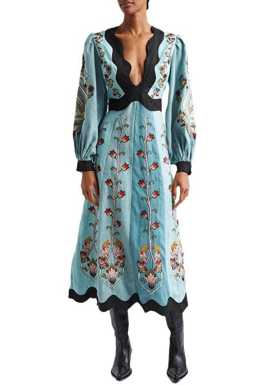 Original Print Cotton Blue Spring Dress V Backless Neck Long