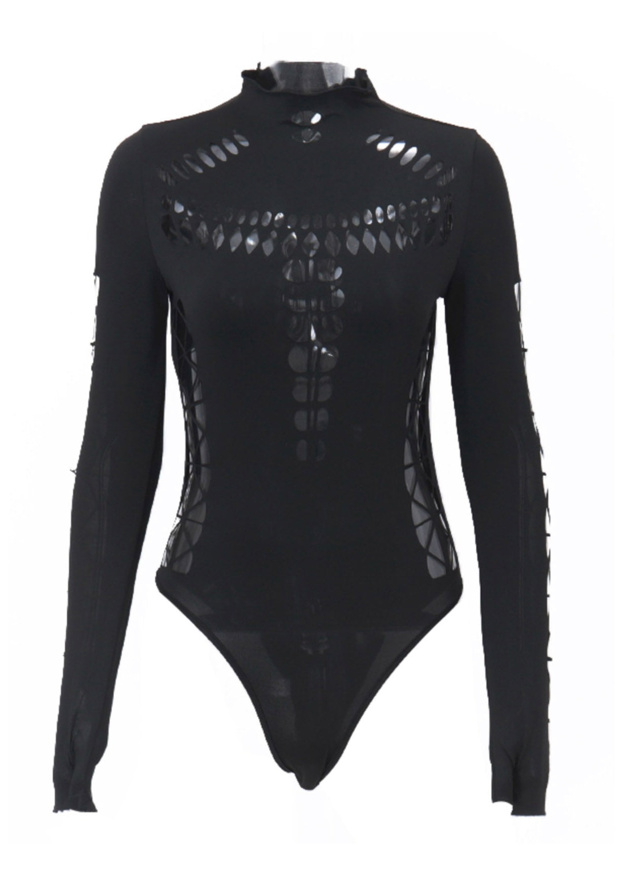 Bodysuit Black Tulle Design Out Turtleneck Original Hollow