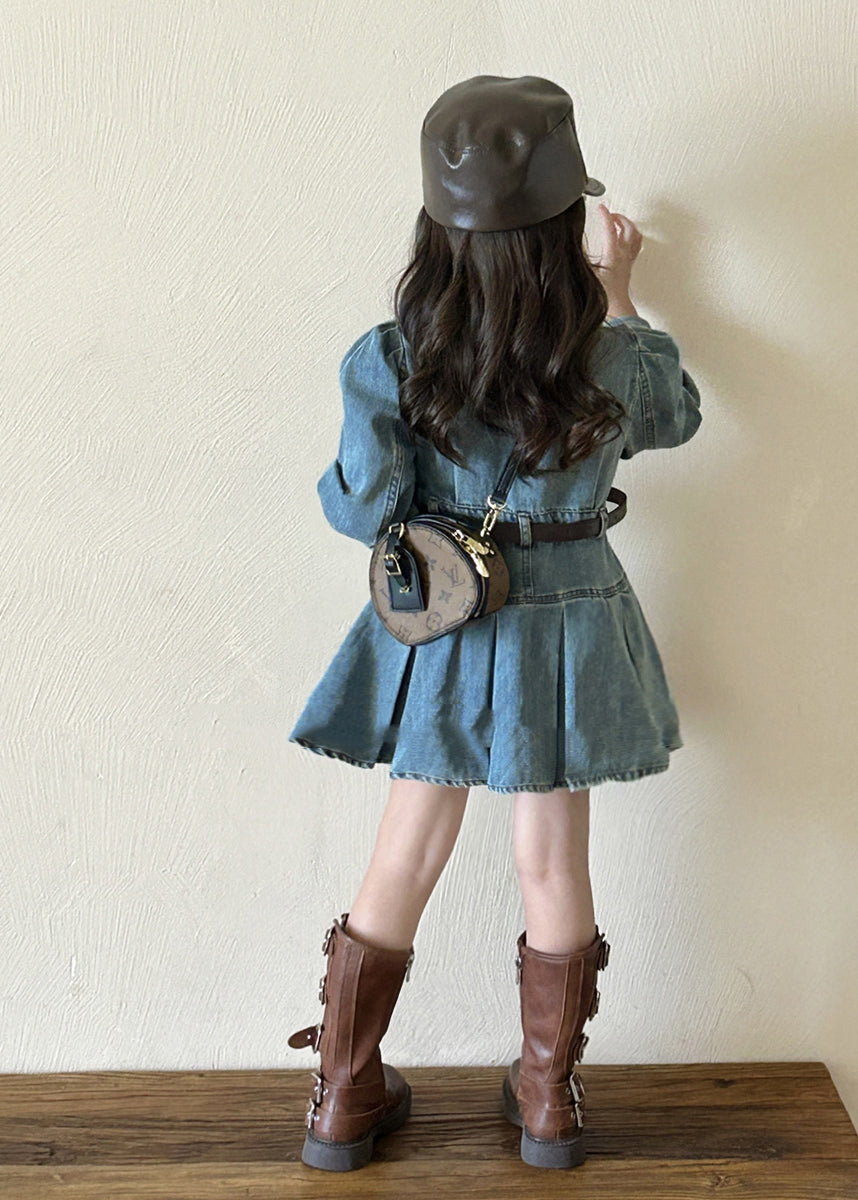 Original Design Blue Peter Pan Collar Button Girls Denim Mid Dresses Spring TV039