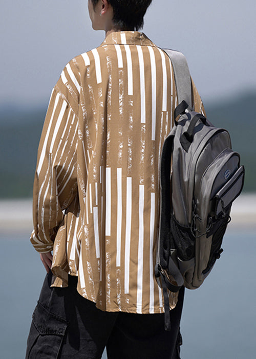 Khaki Collar Original Cotton Men Shirts Design Striped Pan Peter