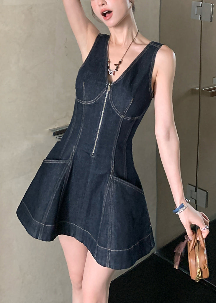 Denim Zippered Original Design Neck Mini V Dresses Navy