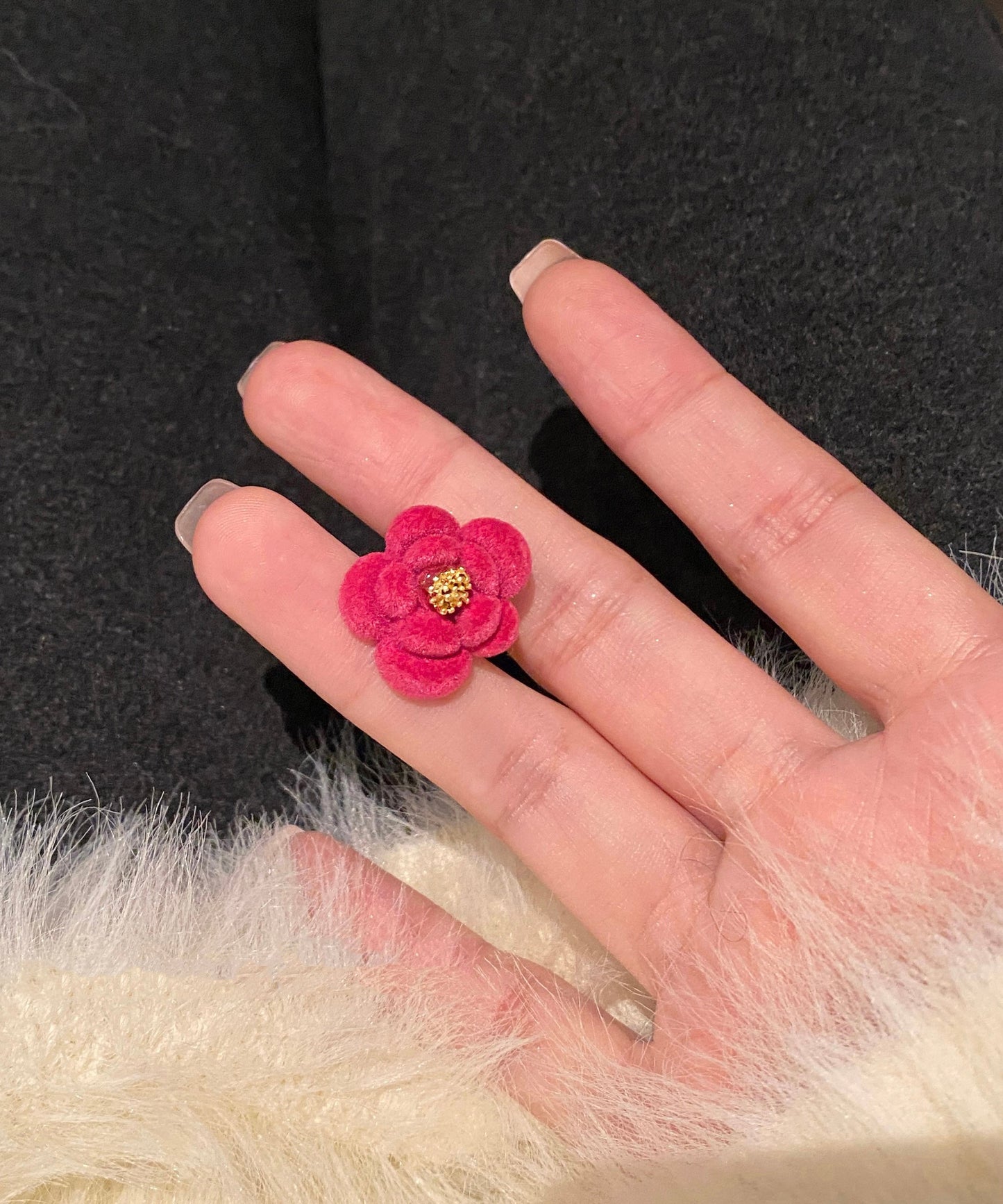 Earrings Red Original Flocking Camellia Design Flower Stud Alloy