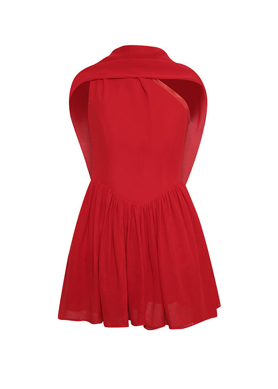 Original Wrinkled Dress Chiffon Shoulder Cold Design Red
