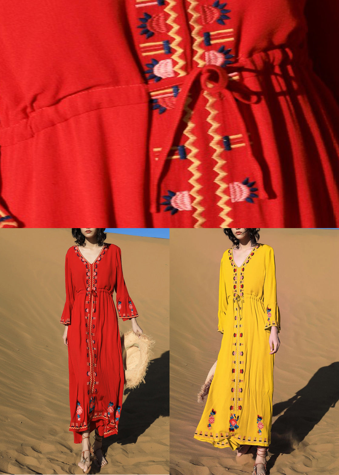 Dresses Original Tie Long Embroidered Fall Cotton Waist Red