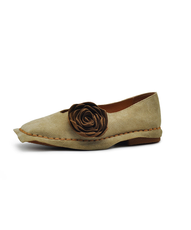 Apricot Flat Original Toe Suede Flower Retro Square Shoes