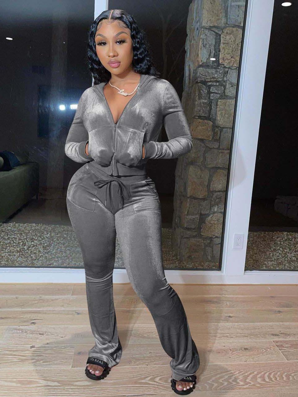 Autumn Zipper Hooded Collar 2 Piece Pant Sets F3884