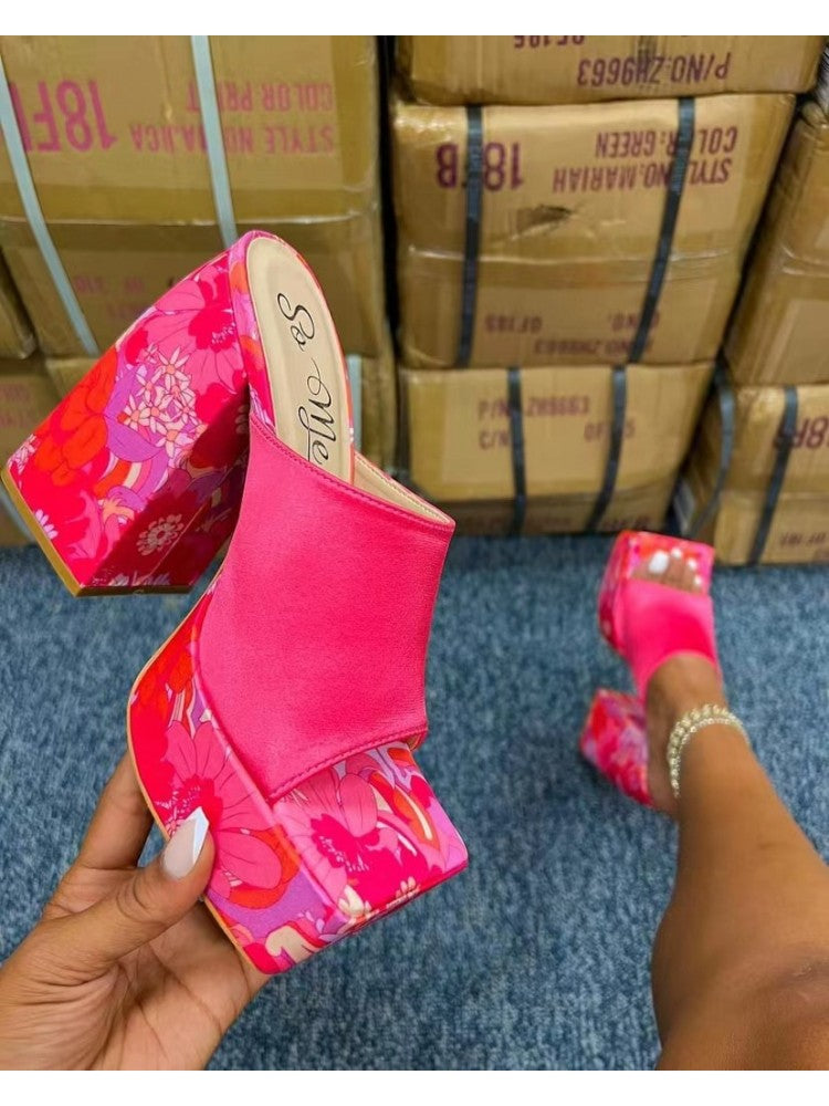 Cow Printed Chunky Heeled Slippers F3890