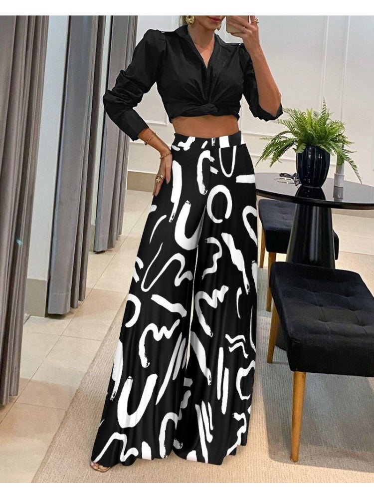 Ensemble haut chemisier et pantalon à jambe large imprimé AD485