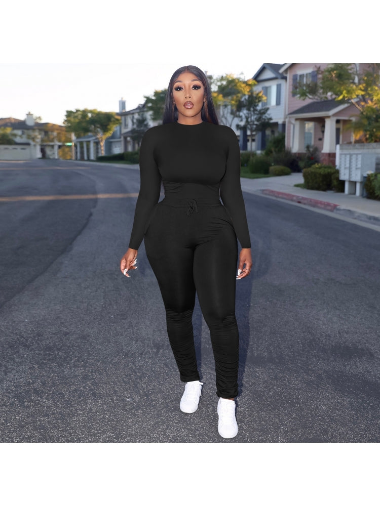 Ensemble pantalon 2 pièces froncé uni assorti pour femme Q44