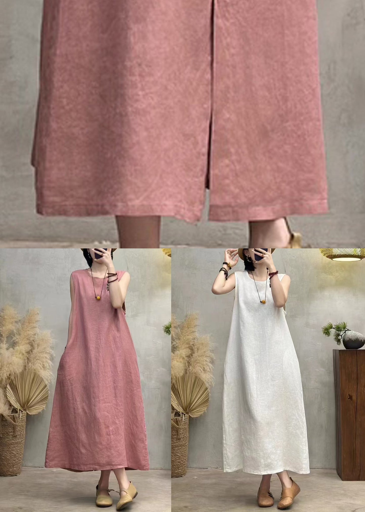 Neck Pink Side Dresses Button Linen Open Summer Back O