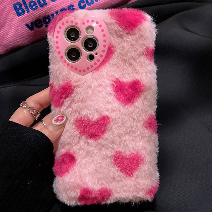 Pink Heart Furry Plush Phone Case
