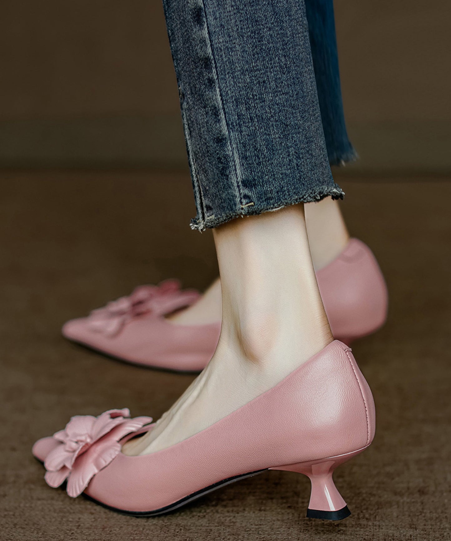 Sheepskin Floral Pink Heel Pointed Toe Unique High Splicing