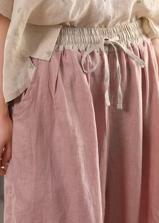Pants Patchwork Summer Crop Elastic Linen Pink Waist Up Lace