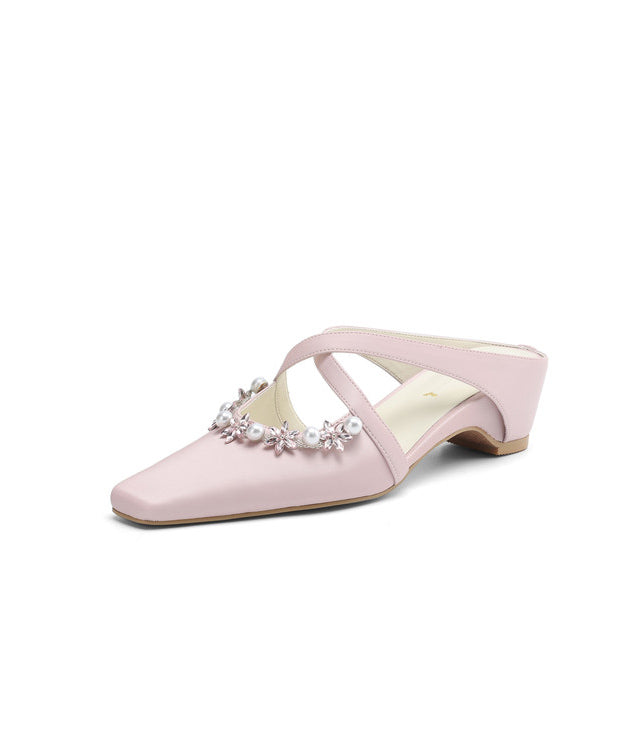 Sheepskin Splicing Wedge Slide Pink Zircon Nail Sandals Elegant
