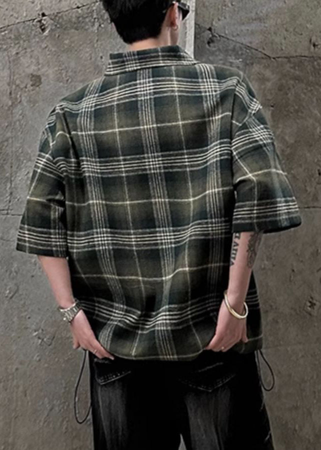 Men Shirt Sleeve Half Zippered Pullover Cotton Plaid Green