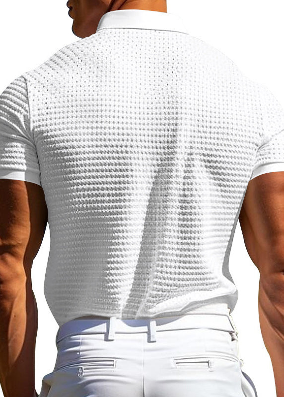 Collar Peter Pan Summer Cotton Men Polo Shirts Plaid White Solid