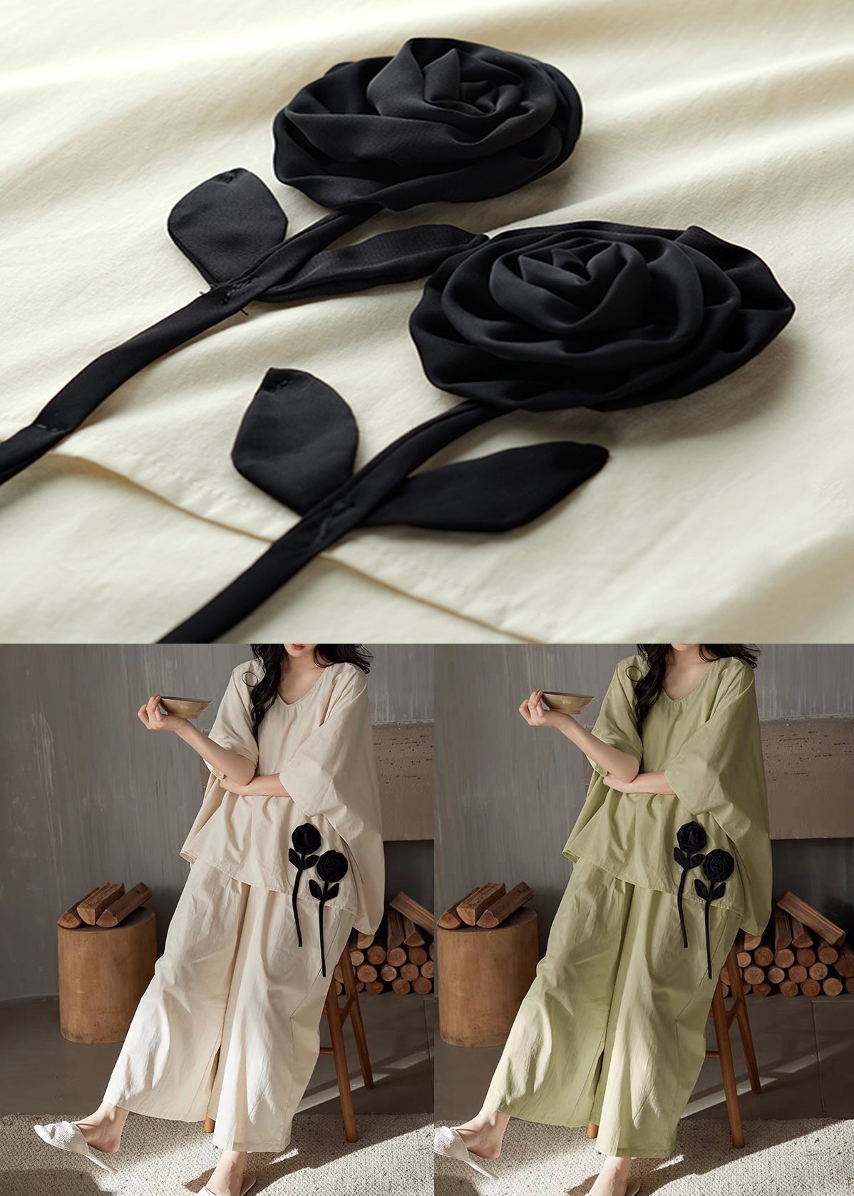 Size Pieces Set Neck Apricot Cotton Two Floral V Plus Patchwork