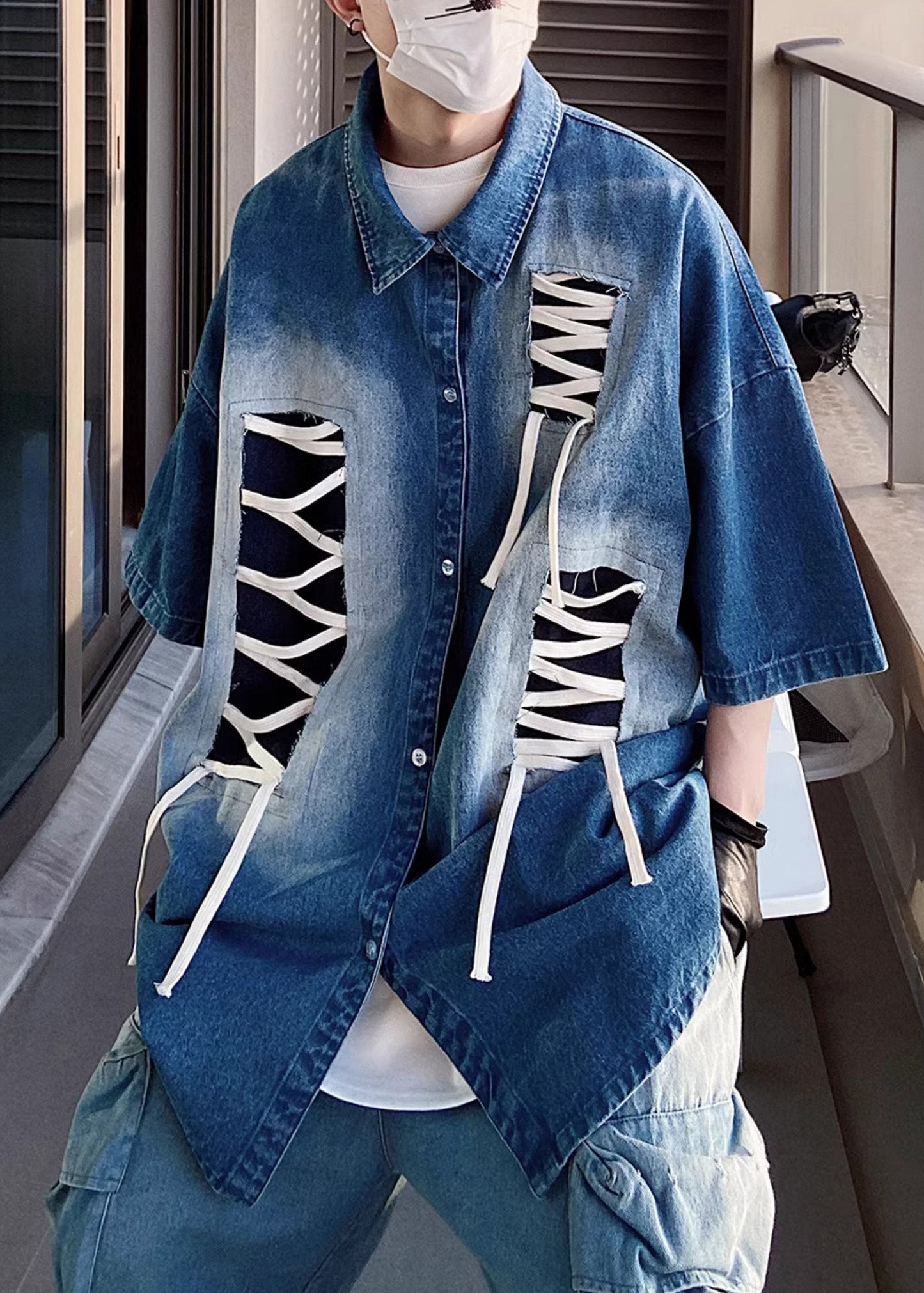 Shirts Patchwork Blue Plus Sleeve Size Half Design Men Original