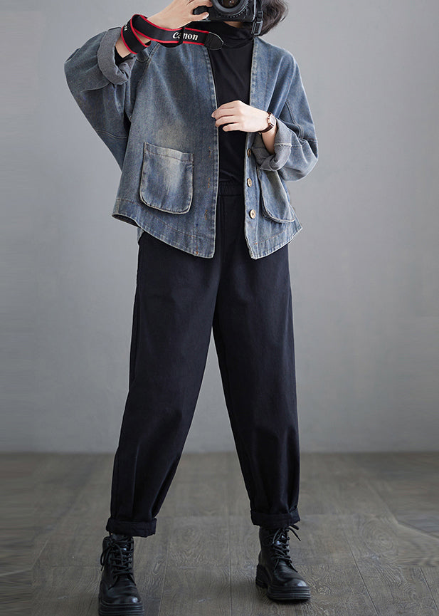 Plus Size Blue Oversized Pockets Denim Coat Outwear Spring TM009