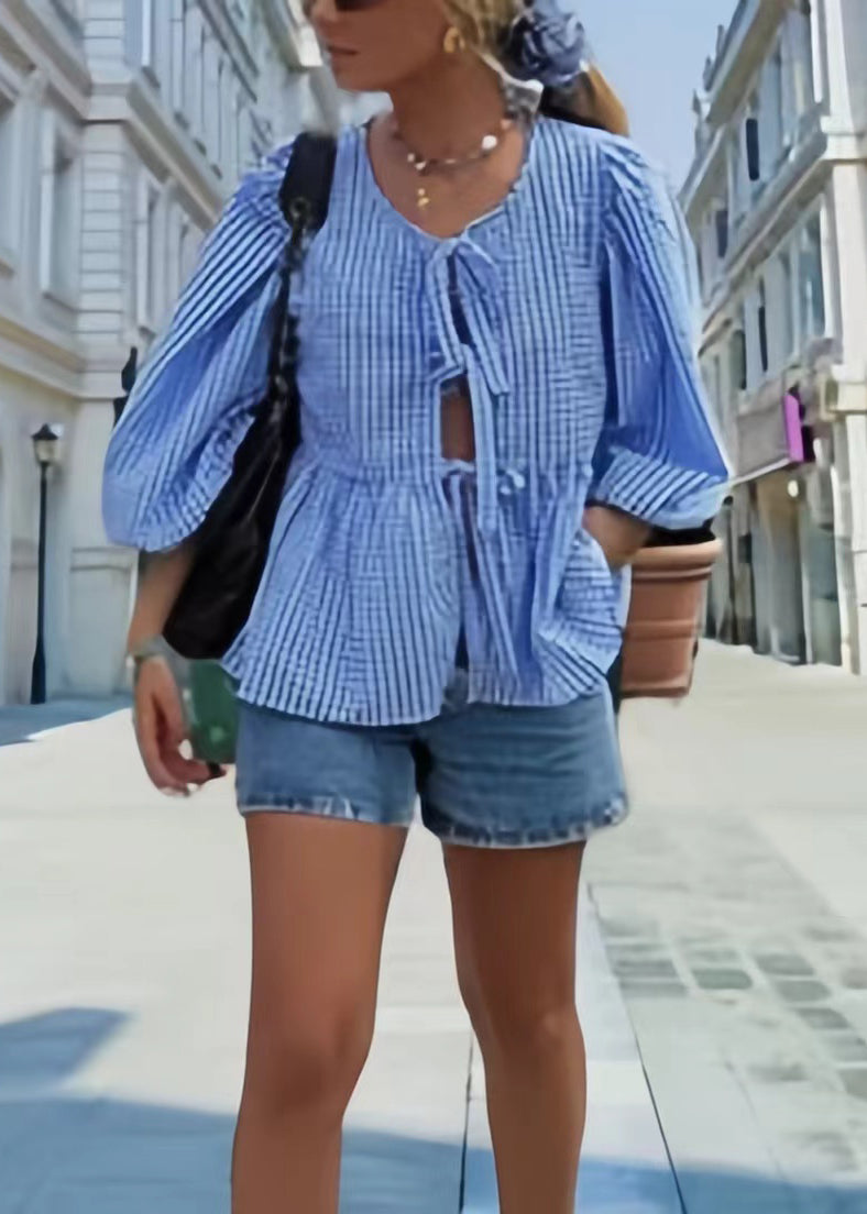 Up Plaid Size Cotton Lace Summer Puff Shirts Sleeve Plus Blue