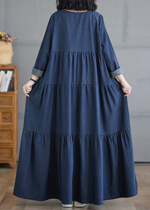 Fall Patchwork Long Wrinkled Dresses Denim O-Neck Blue Plus Size