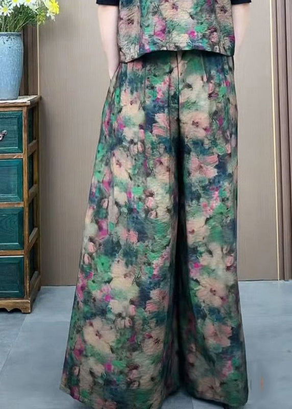Size Ice Silk Green Leg Pants Elastic Print Wide Waist Plus