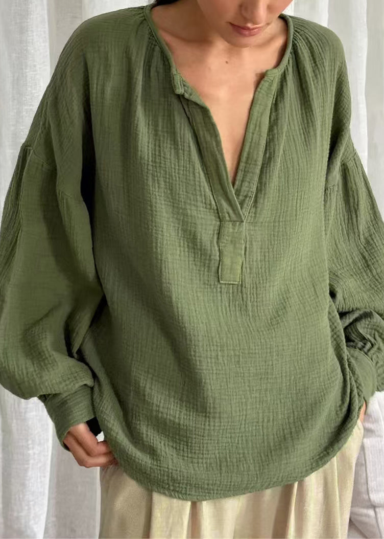 Neck Plus Size Tops V Green Solid Fall Patchwork